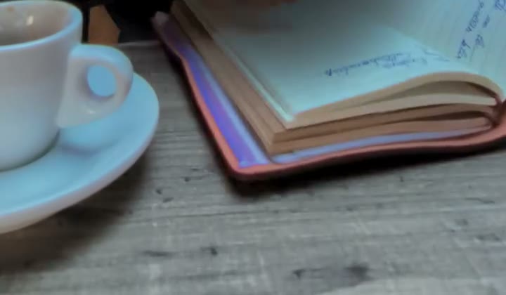 Fletore e hapur mbi tavolinën e një kafeneje pranë një filxhani