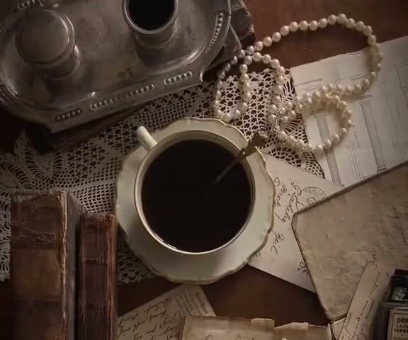 Kafe e zezë, perla dhe libra të vjetër mbi një mbulesë me dantellë